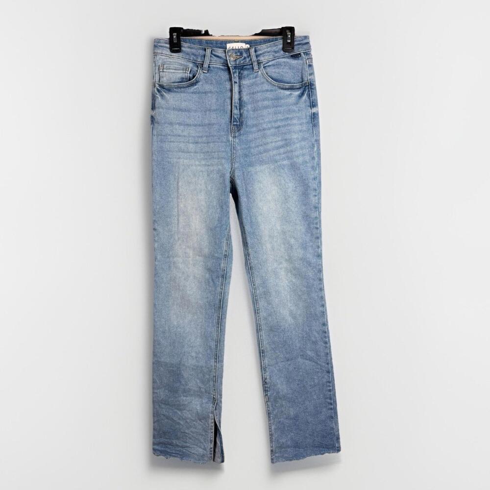 Cello Women's Straight Leg Jeans Light Blue Raw Hem Slit Stretch Denim Size 7
